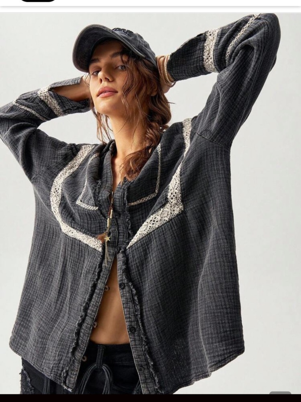Woven Lace-Trim Button-Front Jacket Top — Black - Picture 7 of 12